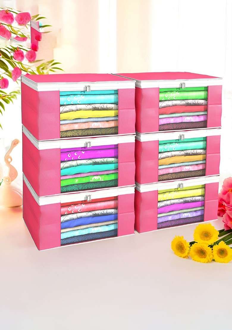 Pink Set Of 6 Non Woven Saree Cover 9 Inch Clothes Bag - Indya