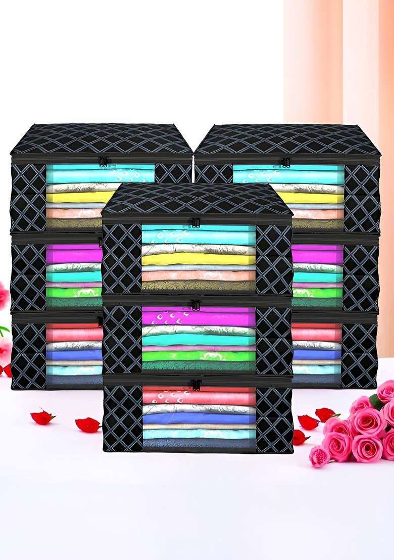 Black Set Of 9 Non Woven Saree Cover 9 Inch Clothes Bag - Indya