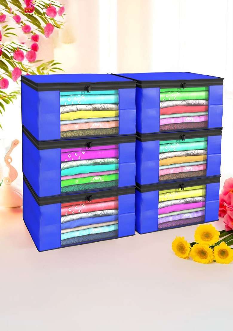 Blue Set Of 6 Non Woven Saree Cover 9 Inch Clothes Bag - Indya
