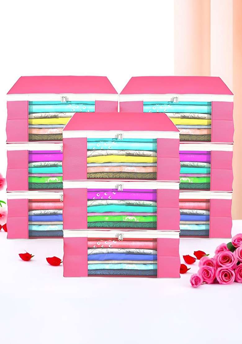 Pink Set Of 9 Non Woven Saree Cover 9 Inch Clothes Bag - Indya