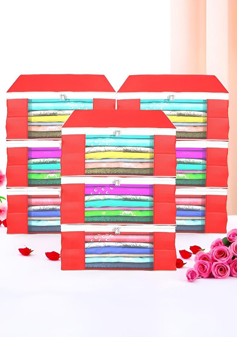 Red Set Of 9 Non Woven Saree Cover 9 Inch Clothes Bag