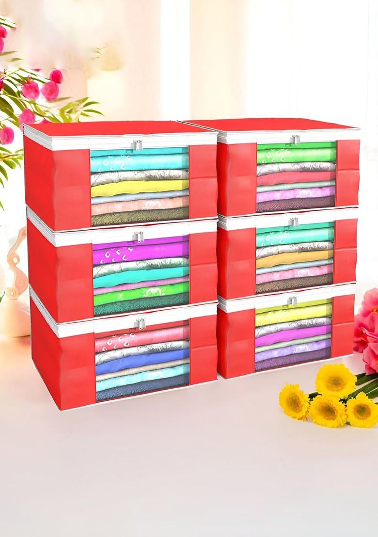 Red Set Of 6 Non Woven Saree Cover 9 Inch Clothes Bag