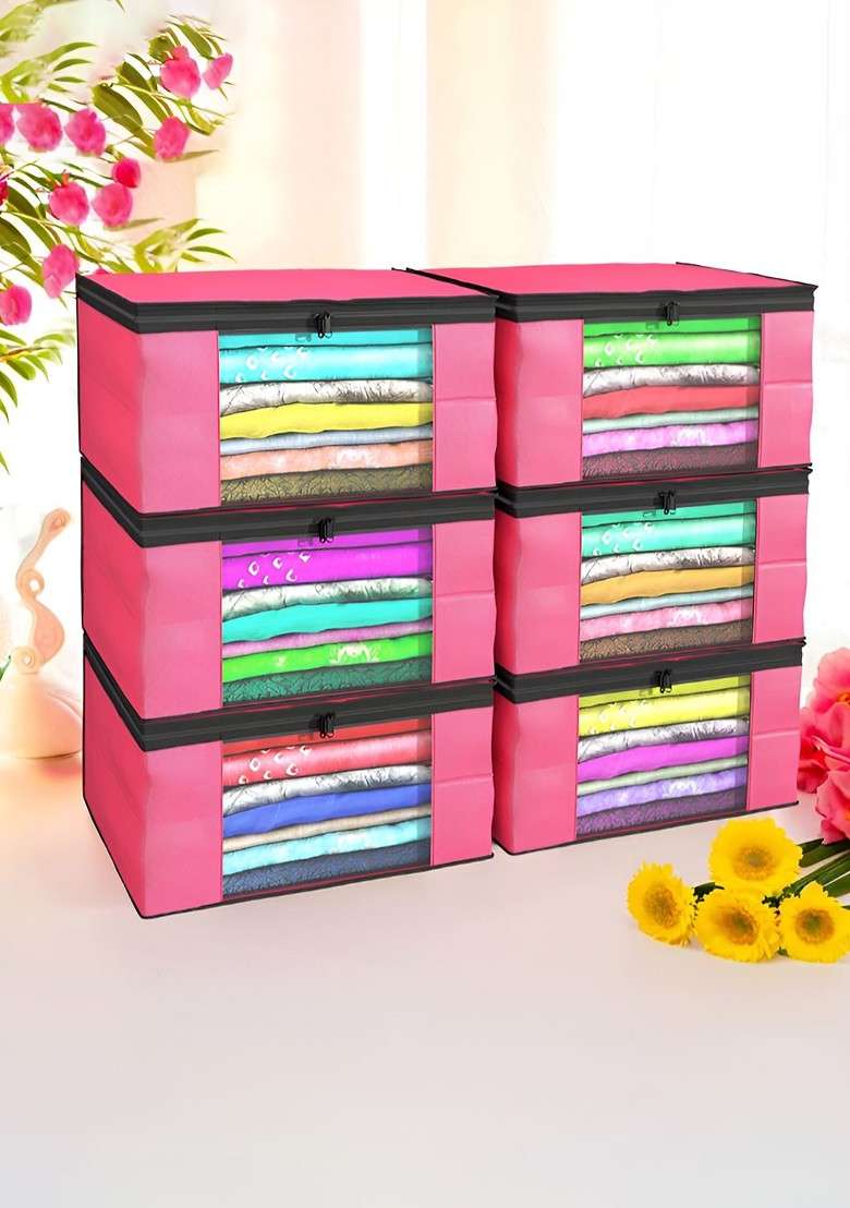 Pink Set Of 6 Non Woven Saree Cover 9 Inch Clothes Bag - Indya