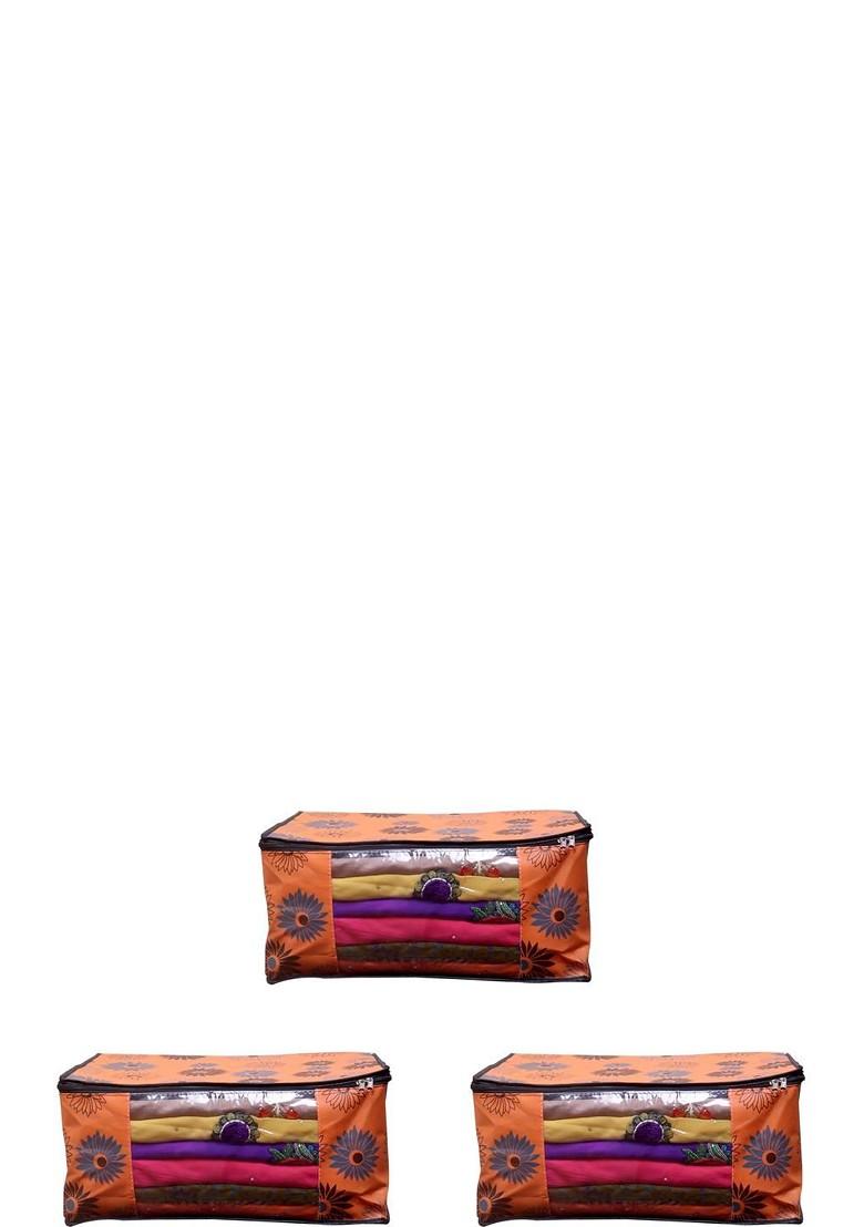 Set Of 3 Orange Flower Saree Cover Front Transparent Organiser