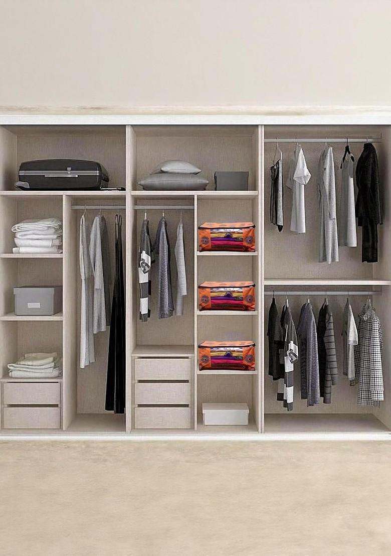 Set Of 3 Orange Flower Saree Cover Front Transparent Organiser