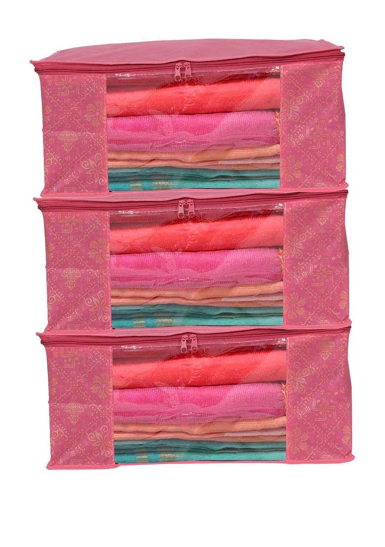 Pink Set Of 3 Non Woven Saree Cover With Transparent Plastic Organisers - Indya