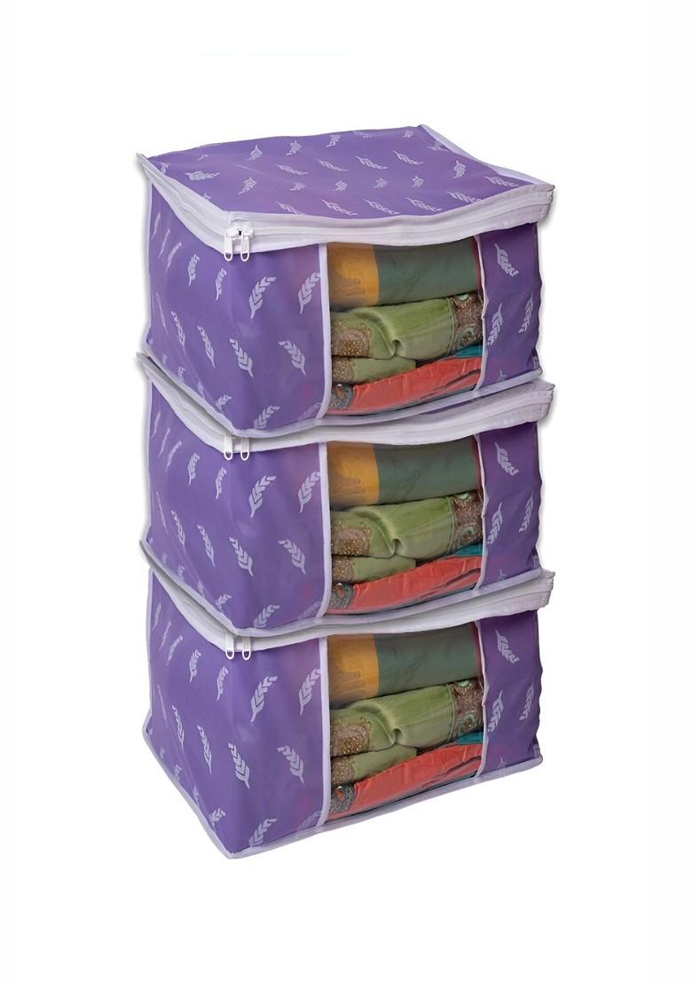 Purple And White 3 Pieces Printed Multi Utility Saree Covers