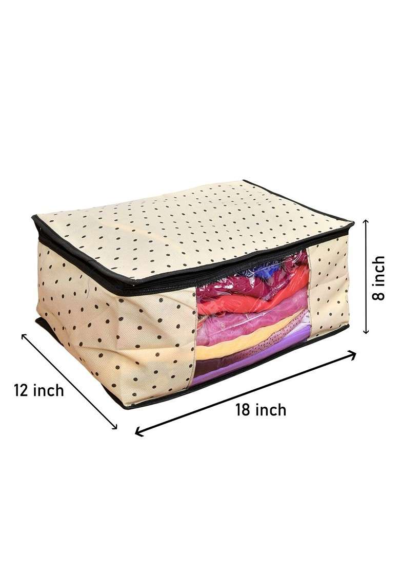 Set Of 8 Cream Colored And Black Printed Foldable Rectangle Cloth Saree Organiser - Indya