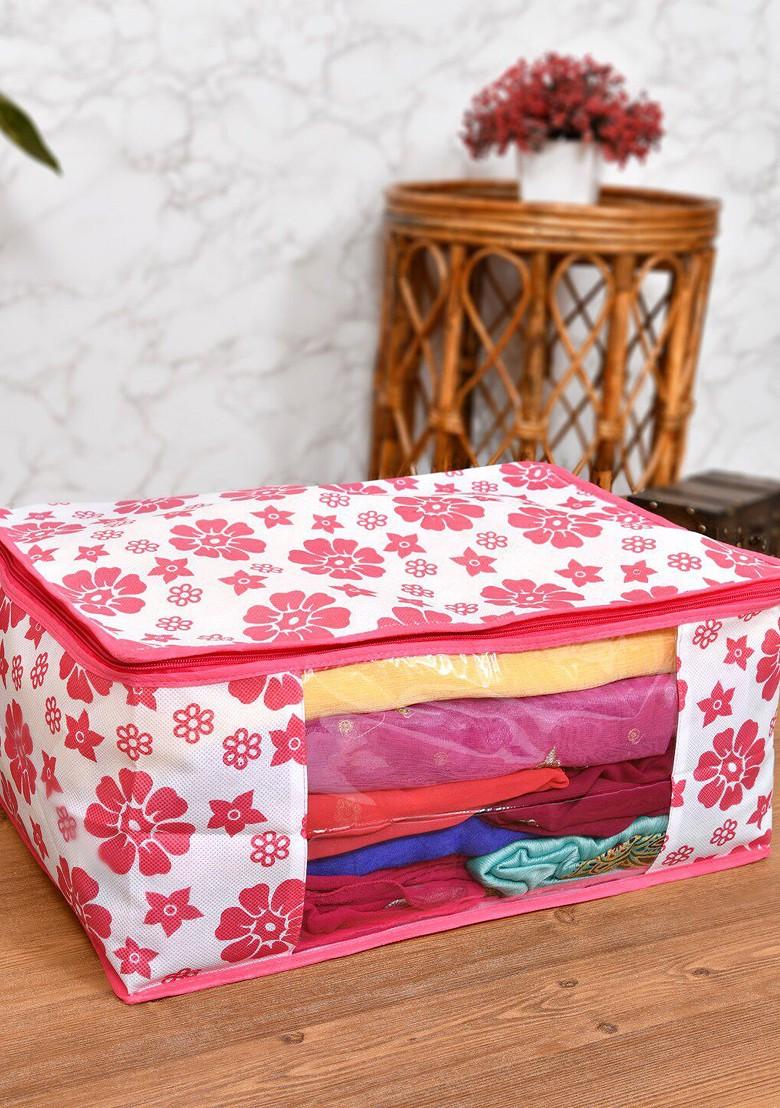 Set Of 5 Pink And White Printed Saree Organisers