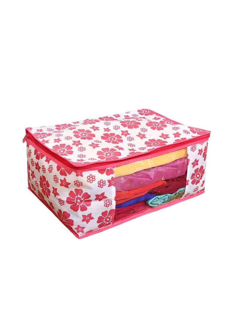 Set Of 5 Pink And White Printed Saree Organisers - Indya
