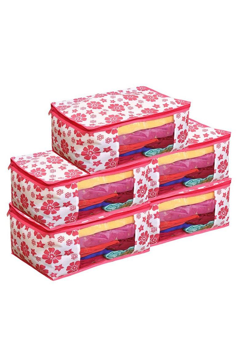 Set Of 5 Pink And White Printed Saree Organisers