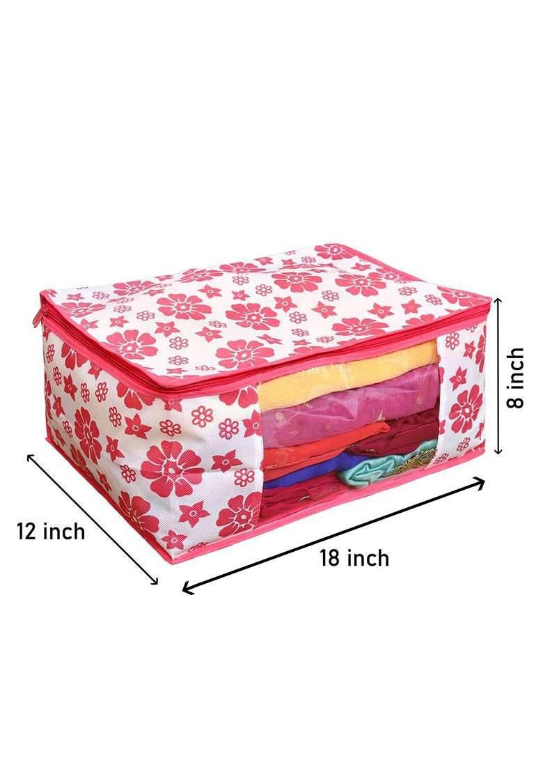 Set Of 5 Pink And White Printed Saree Organisers - Indya