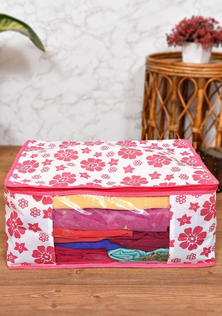 Set Of 8 Pink And White Floral Printed Saree Organisers - Indya