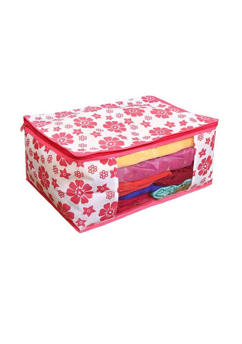 Set Of 8 Pink And White Floral Printed Saree Organisers