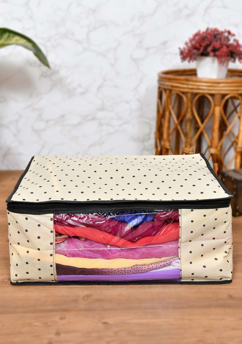 Set Of 2 Cream Colored And Black Printed Saree Organisers - Indya