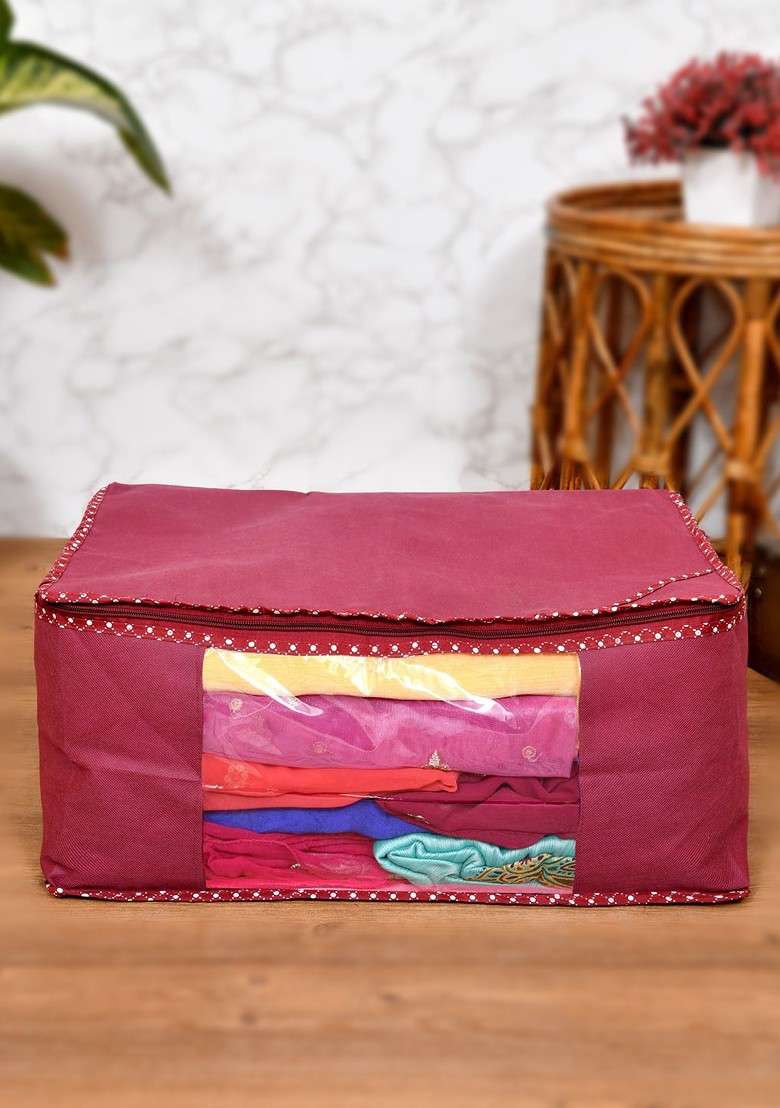 Set Of 2 Black And Maroon Printed Saree Organiser - Indya