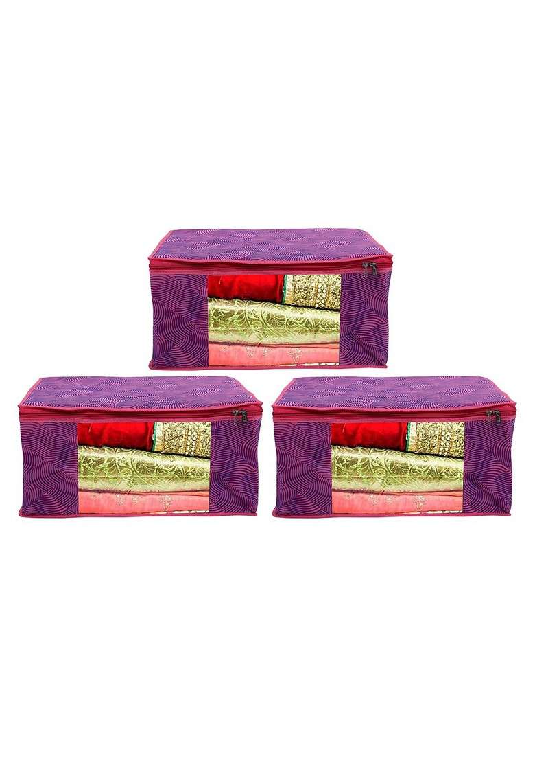 Set Of 3 Pink And Purple Printed Saree Organisers - Indya
