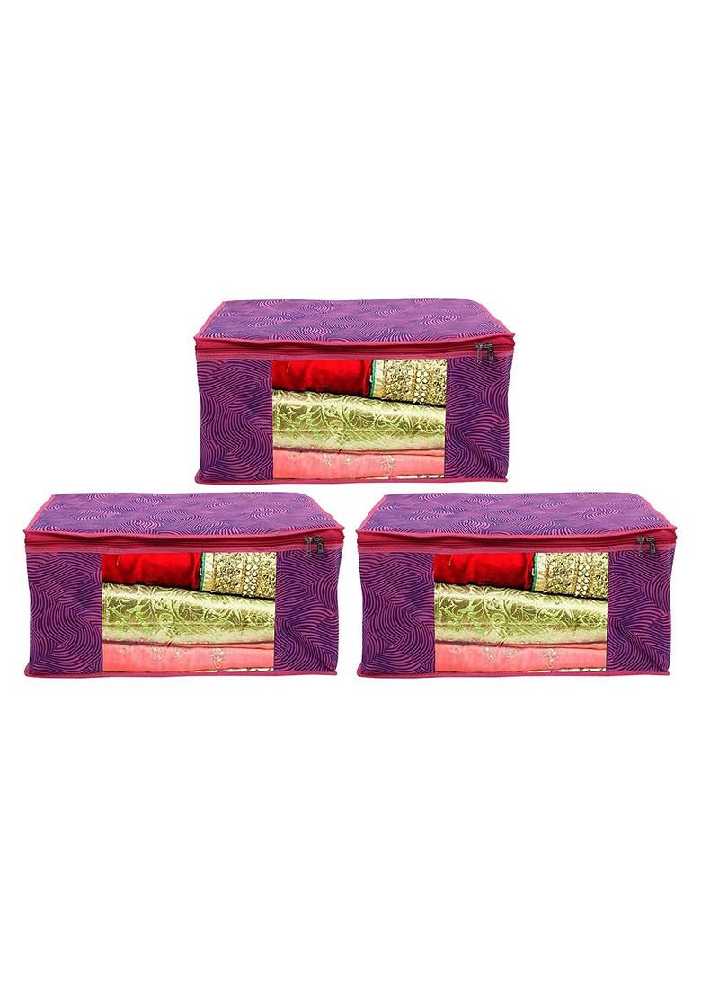 Set Of 3 Pink And Purple Printed Saree Organisers