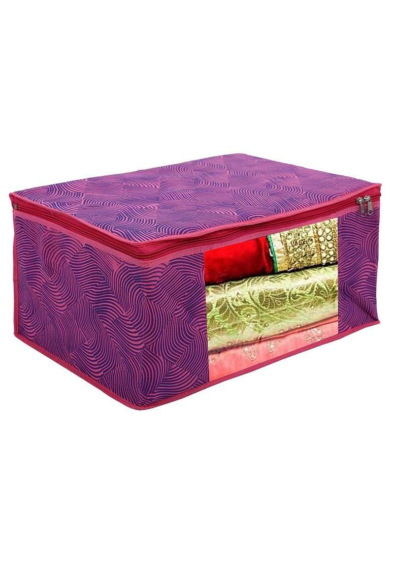 Set Of 3 Pink And Purple Printed Saree Organisers - Indya