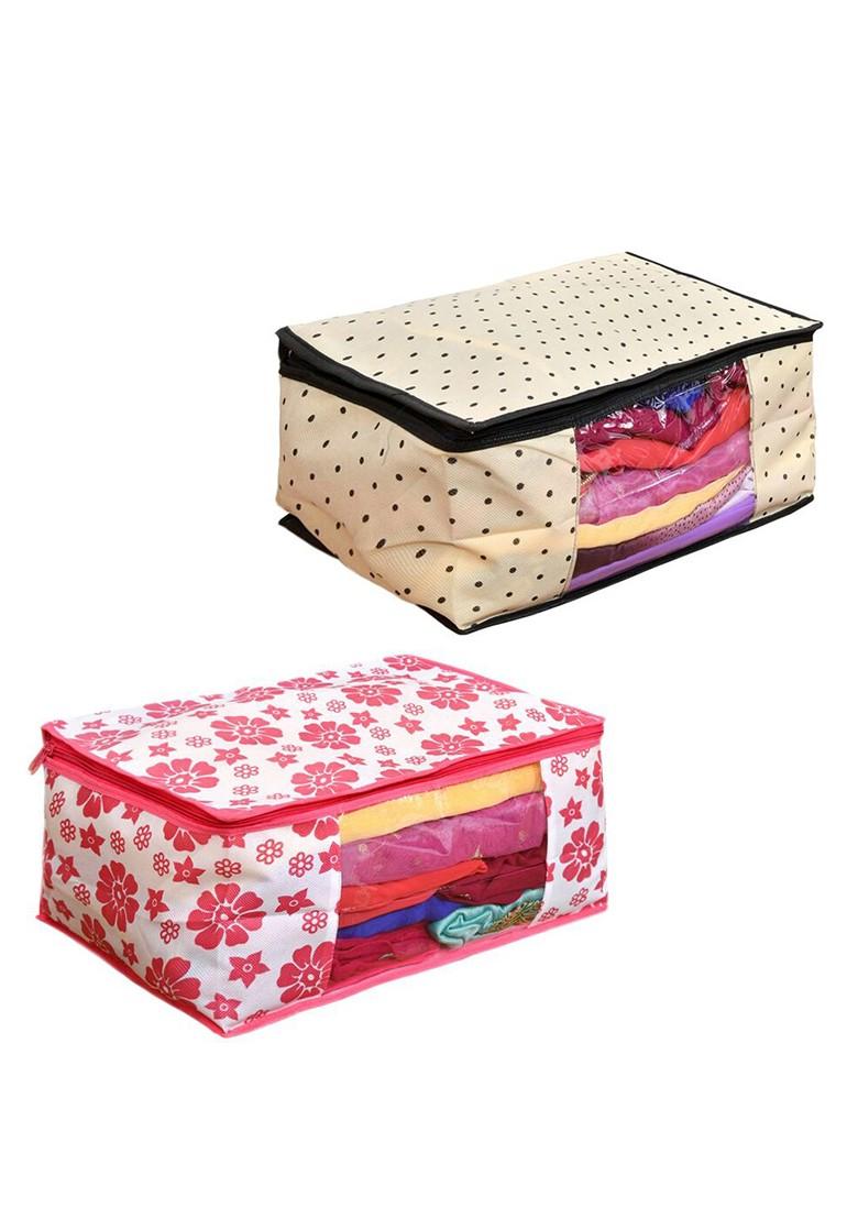 Set Of 2 Beige And Pink Printed Saree Organisers