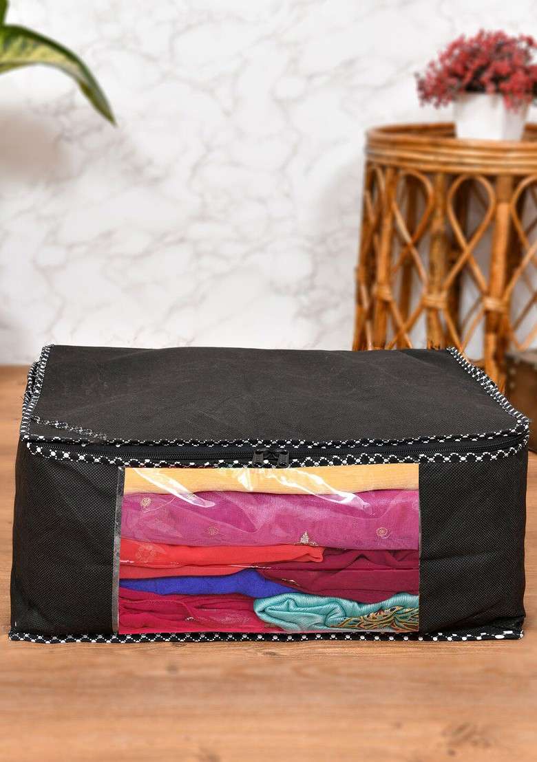 Set Of 2 Black Solid Saree Organisers - Indya