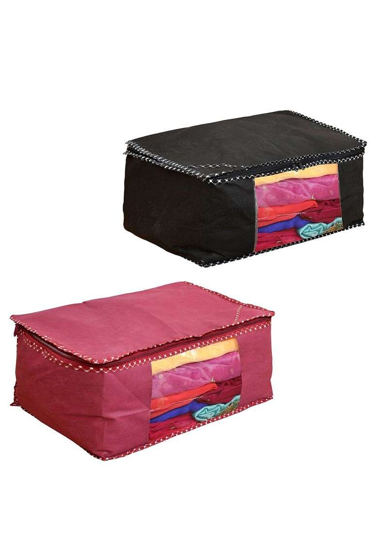 Set Of 2 Pink And Black Solid Foldable Rectangle Cloth Saree Organiser - Indya
