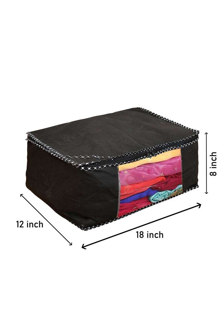 Set Of 3 Black And White Solid Foldable Rectangle Cloth Saree Organiser - Indya