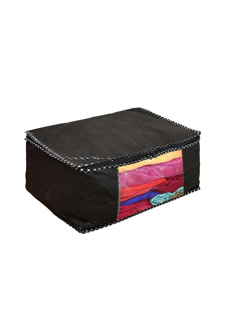 Set Of 3 Black And White Solid Foldable Rectangle Cloth Saree Organiser - Indya
