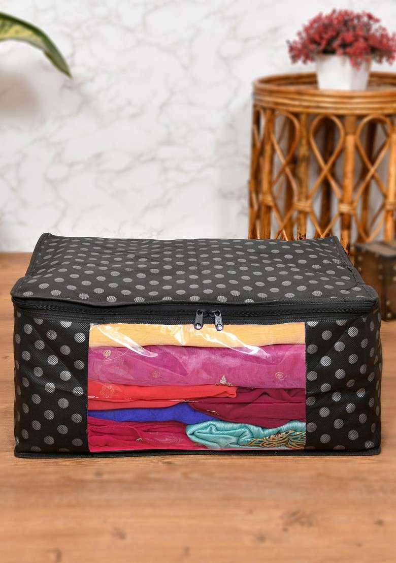 Set Of 3 Black And Grey Printed Foldable Rectangle Cloth Saree Organiser - Indya