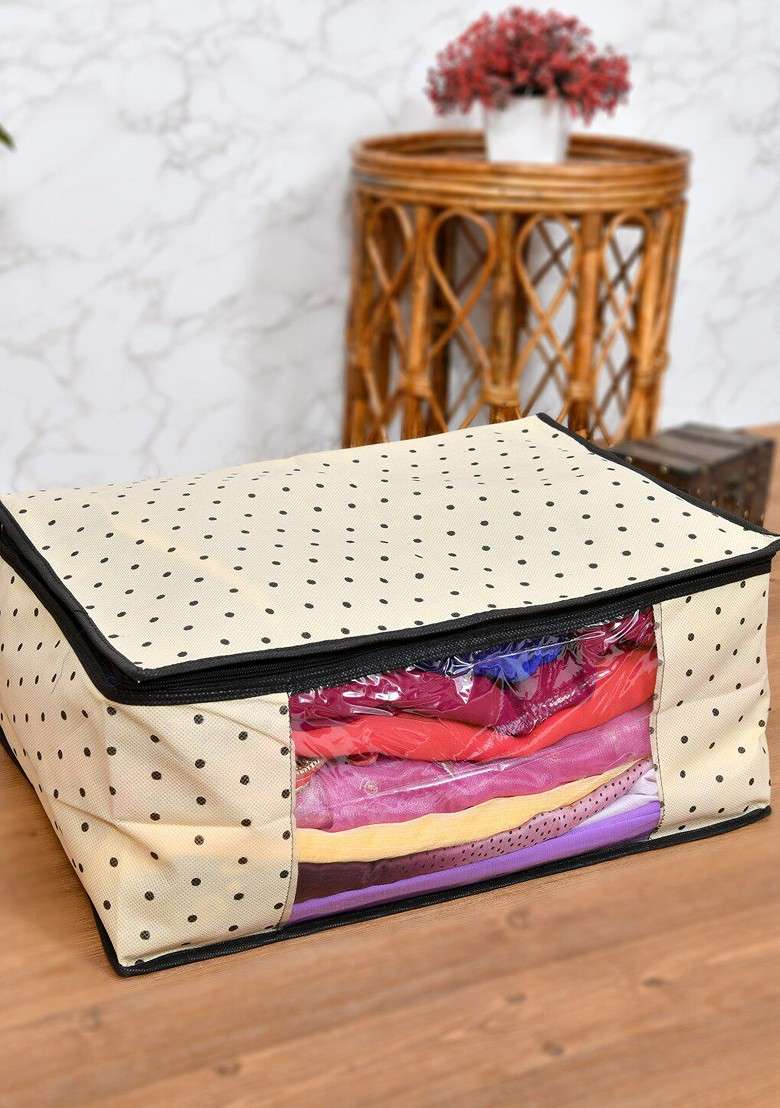 Set Of 2 Cream Colored And Black Printed Saree Organisers - Indya