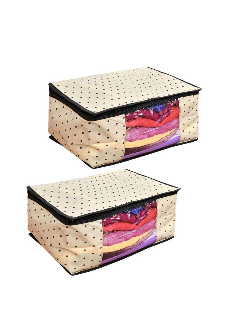 Set Of 2 Cream Colored And Black Printed Saree Organisers