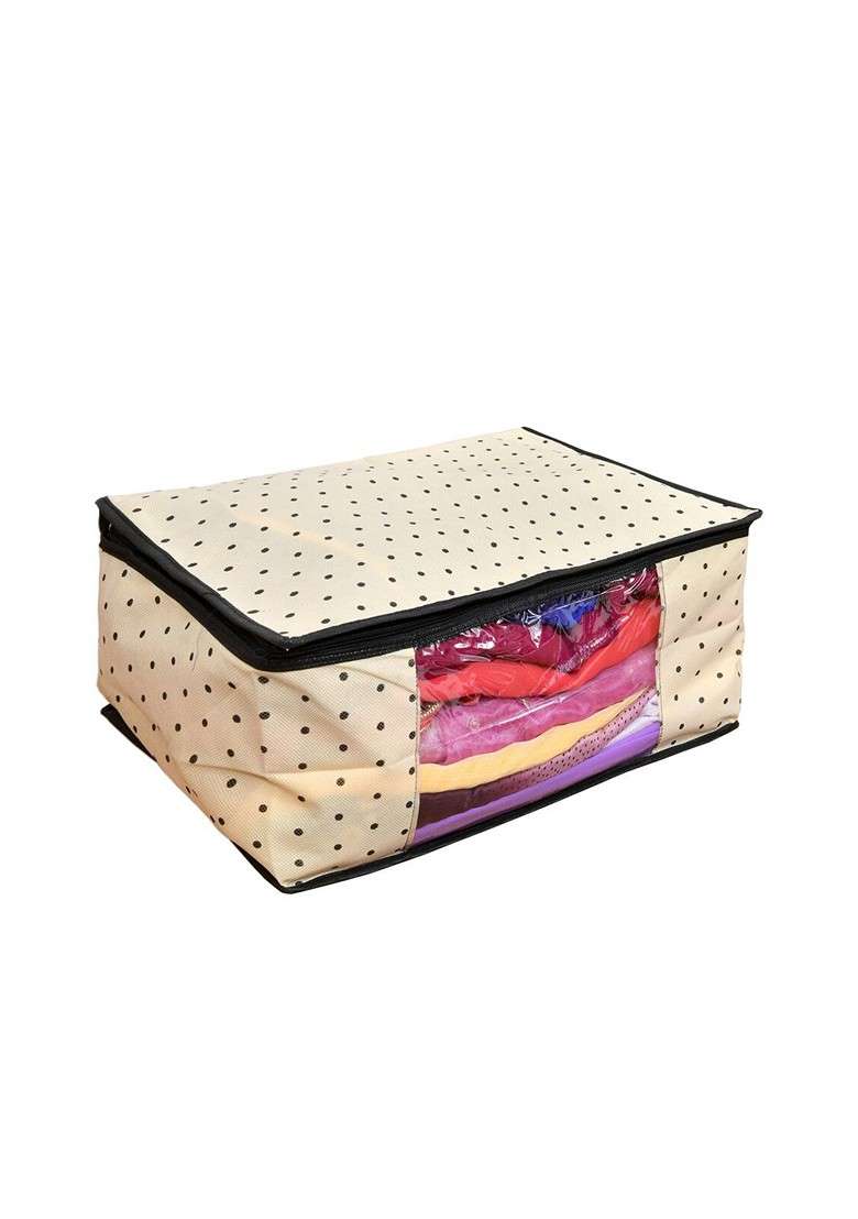 Set Of 2 Cream Colored And Black Printed Saree Organisers - Indya