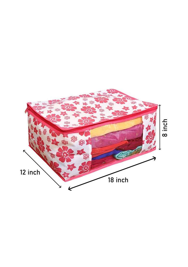 Set Of 3 Pink And White Floral Printed Foldable Rectangle Cloth Saree Organiser - Indya