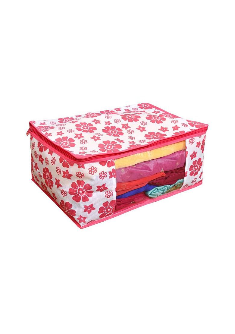 Set Of 3 Pink And White Floral Printed Foldable Rectangle Cloth Saree Organiser
