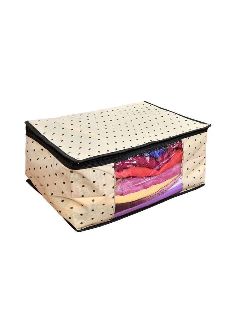 Set Of 3 Cream Colored And Black Printed Foldable Rectangle Cloth Saree Organiser - Indya