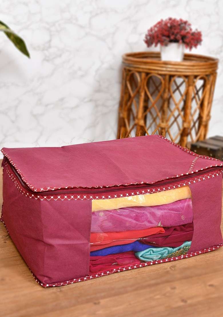 Set Of 4 Maroon And Black Printed Saree Covers - Indya