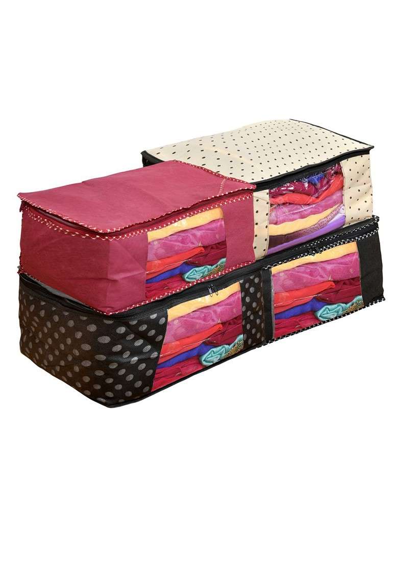 Set Of 4 Maroon And Black Printed Saree Covers - Indya