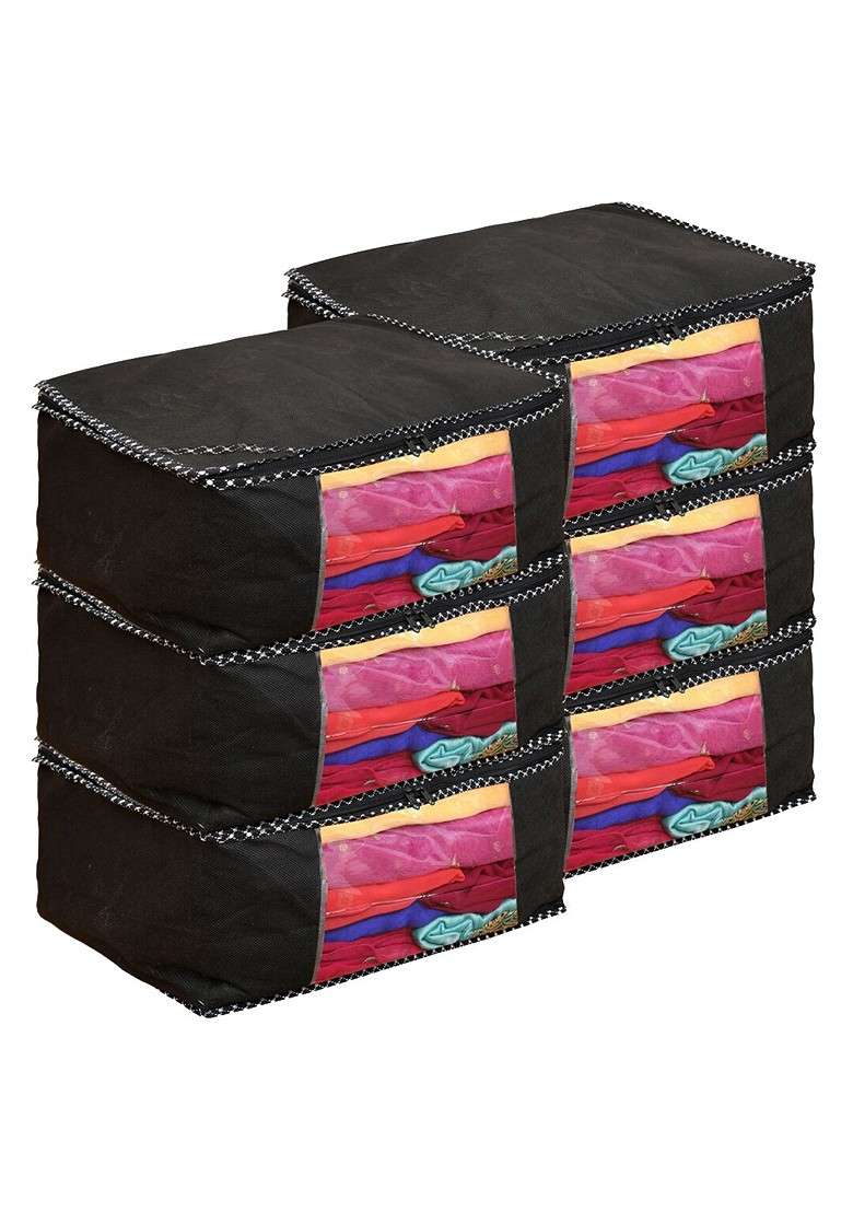Set Of 6 Black Solid Foldable Cloth Saree Covers - Indya