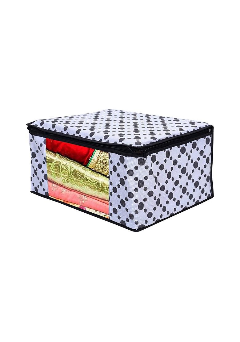 White And Black Polka Dot Printed Saree Cover With Transparent Window