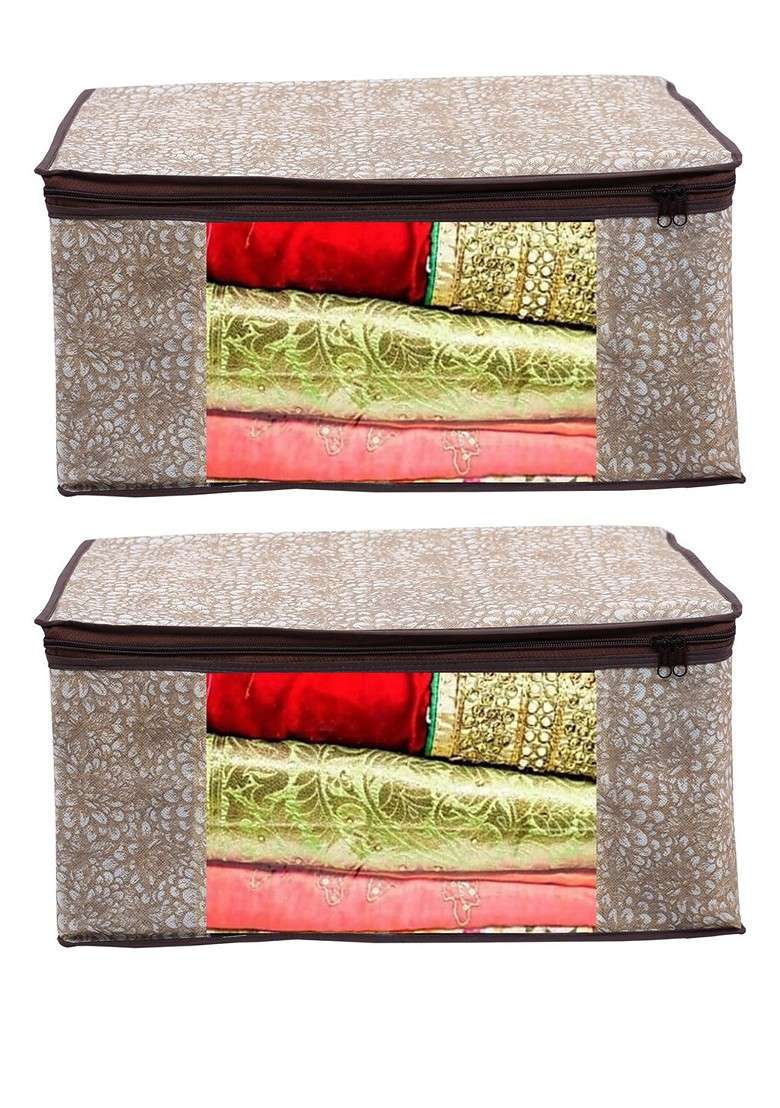 Set Of 2 Brown Printed Saree Covers - Indya