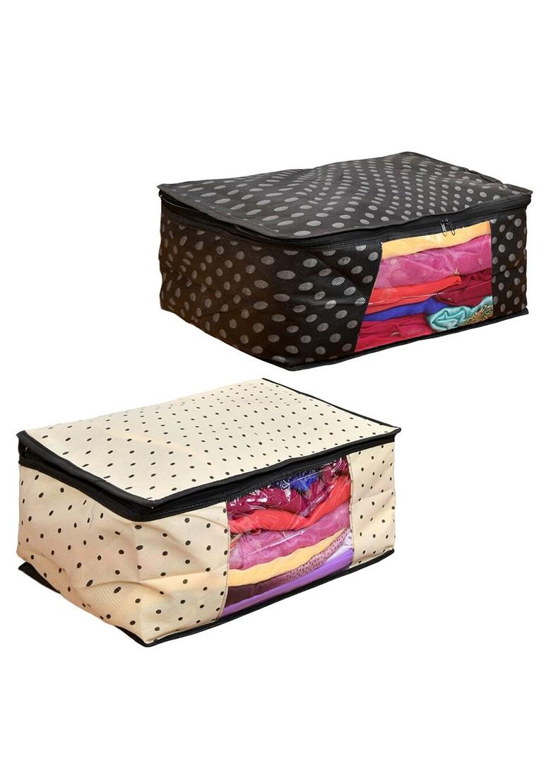 Set Of 2 Cream Coloured Polka Dot Printed Saree Covers