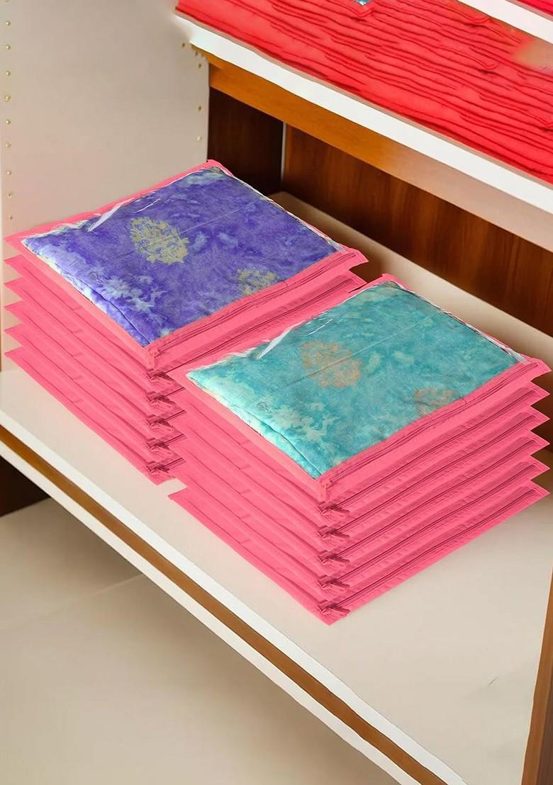 Pink 12 Pieces Non Woven Single Saree Cover With Zip Saree Packing Cover