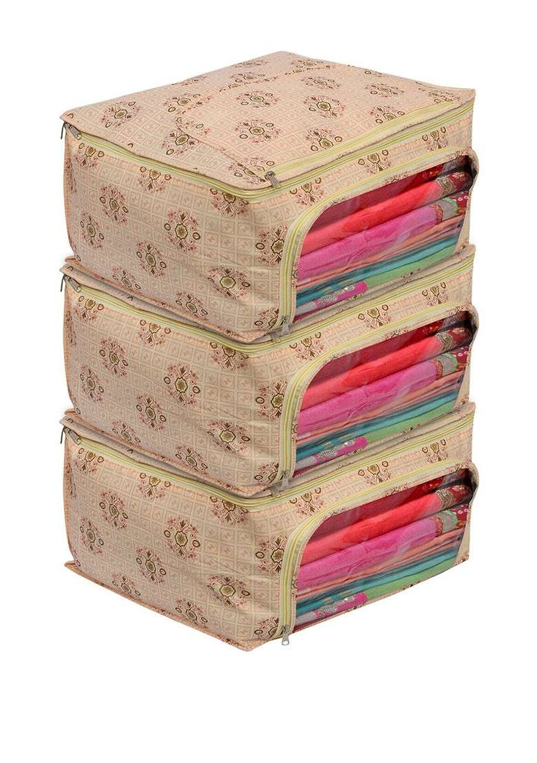 Set Of 3 Pink Floral Printed Saree Cover - Indya