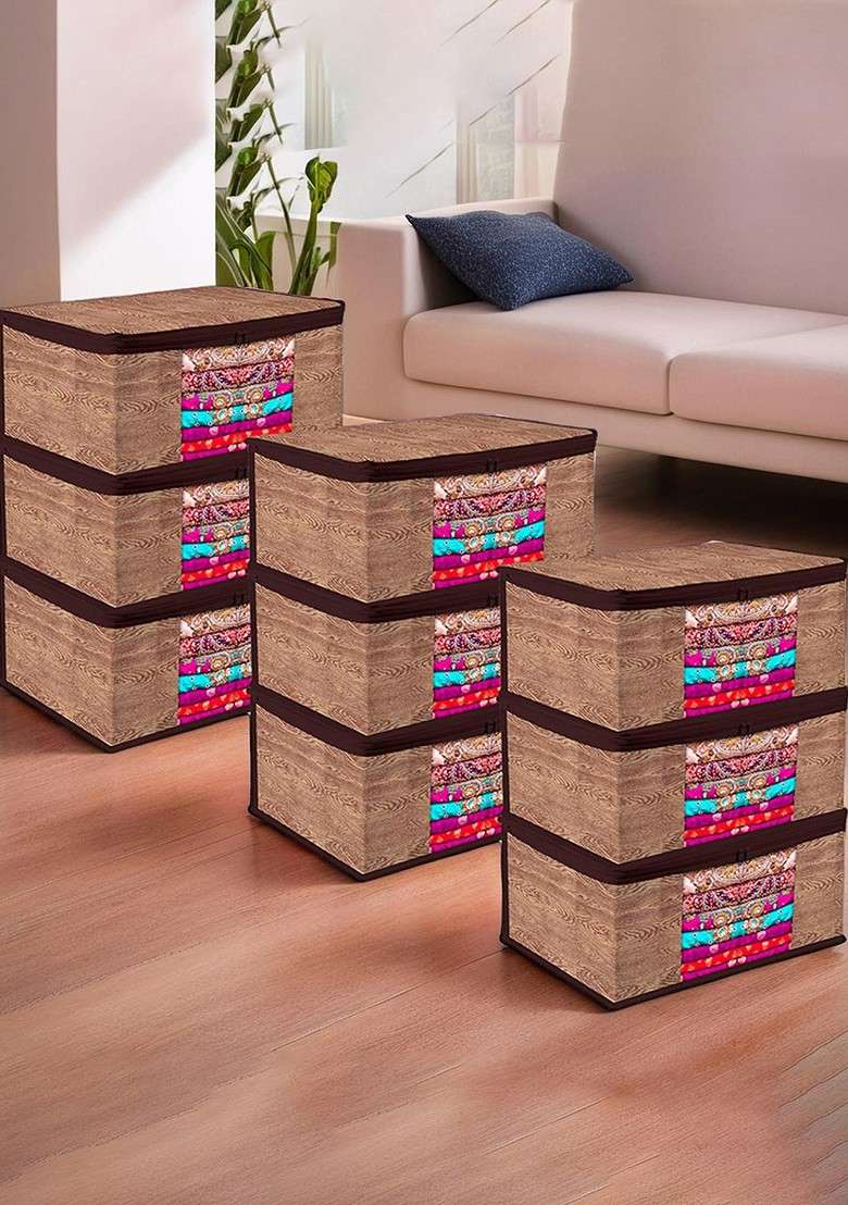 Set Of 9 Brown And Black Saree Cover Storage Bag Organiser - Indya