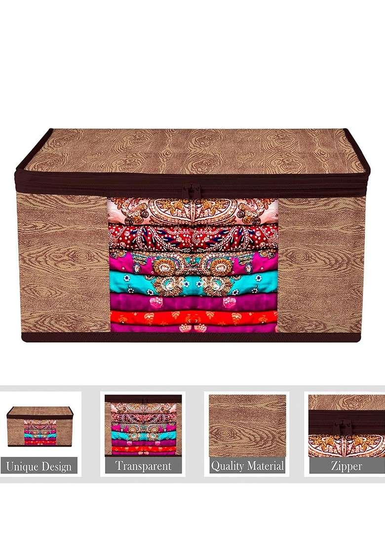 Set Of 9 Brown And Black Saree Cover Storage Bag Organiser - Indya