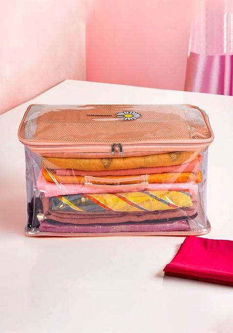 Peach Coloured And Transparent Saree Cover With Handle Organisers