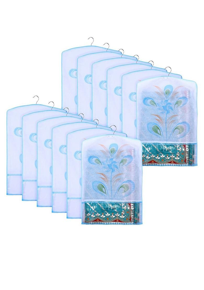 Blue And Transparent 12 Pieces Printed Hanging Saree Cover Organizers