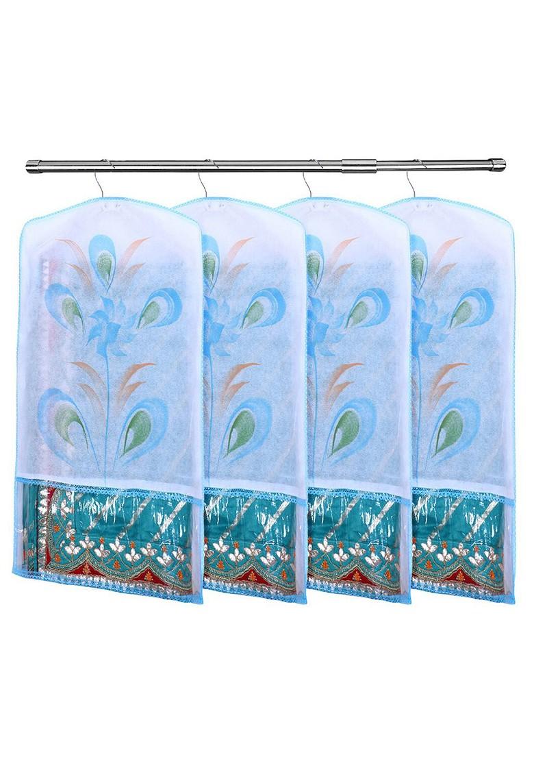 Blue And Transparent 12 Pieces Printed Hanging Saree Cover Organizers