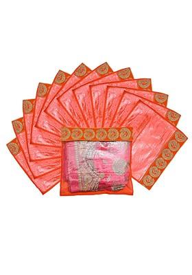 Set Of 12 Orange And Transparent Zari Border Flip Single Packing Saree Cover Organizers