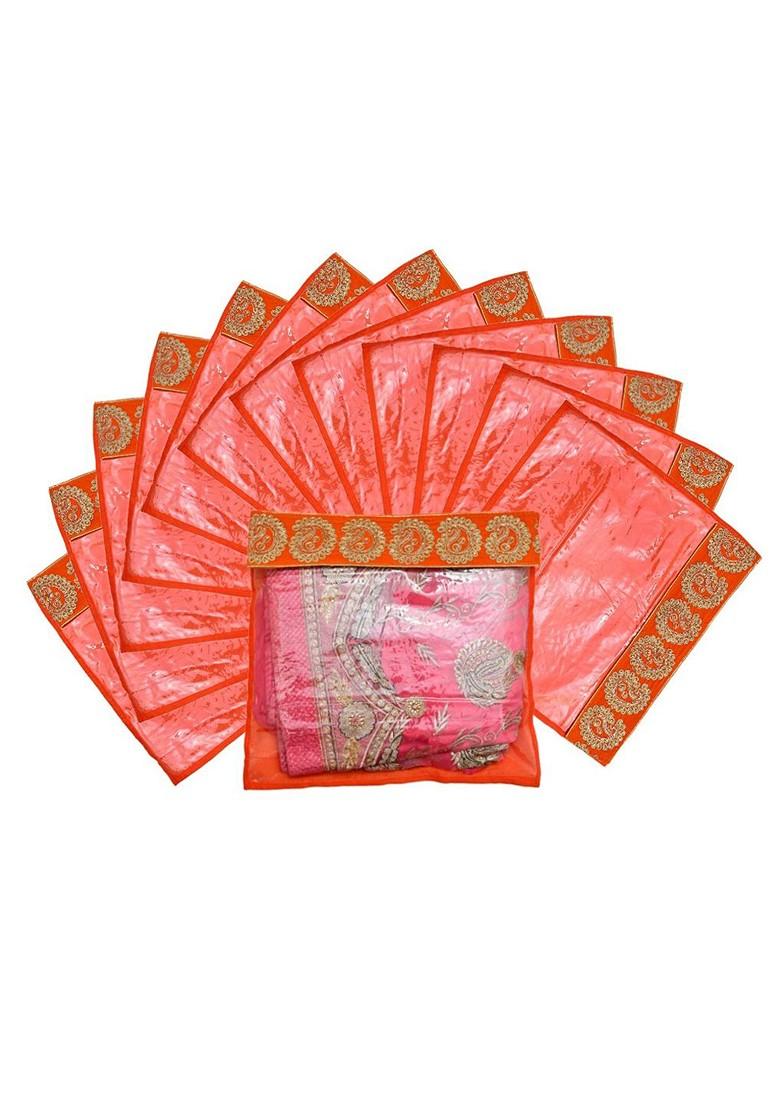 Set Of 12 Orange And Transparent Zari Border Flip Single Packing Saree Cover Organizers